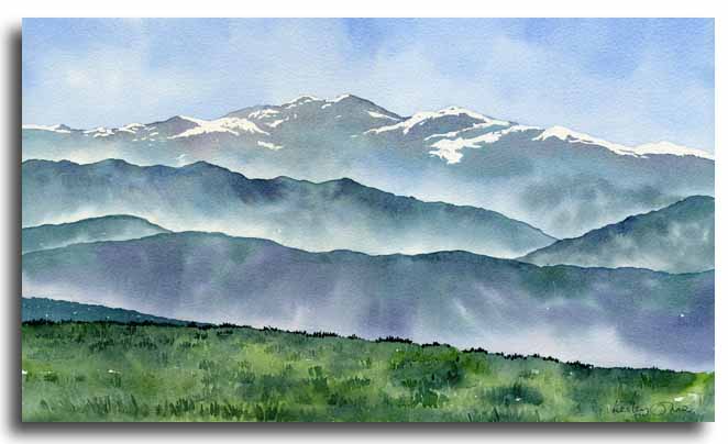 Original watercolour of the Ariege Pyrenees by artist Lesley Olver