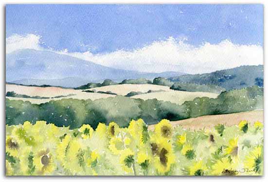 Original watercolour painting of the Ariege, by artist Lesley Olver