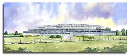 Print of watercolour painting of the new grandstand, Ascot racecourse, by artist Lesley Olver