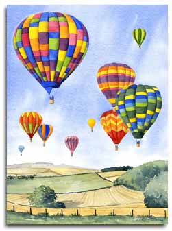 Reproduction d'une aquarelle d'un vol de montgolfieres, réalisée par l'artiste Lesley Olver