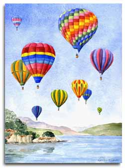 Reproduction d'une aquarelle d'un vol de montgolfieres, réalisée par l'artiste Lesley Olver