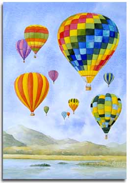 Original watercolour painting of hot air balloons by artist Lesley Olver