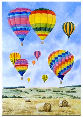 Original watercolour painting of hot air balloons by artist Lesley Olver