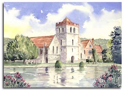 Print of watercolour painting of Bisham Church by artist Lesley Olver 