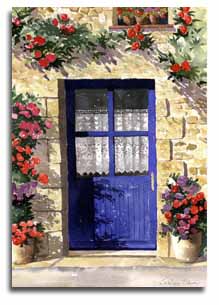 Reproduction d'une aquarelle d'une porte bleu, réalisée par l'artiste Lesley Olver
