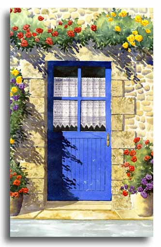 Aquarelle d'une porte bleue, réalisée par l'artiste Lesley Olver