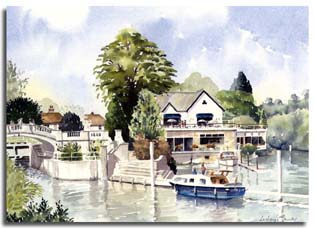 Print of watercolour painting of Boulters, Maidenhead, by artist Lesley Olver