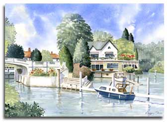 Print of watercolour painting of Boulters Lock by artist Lesley Olver