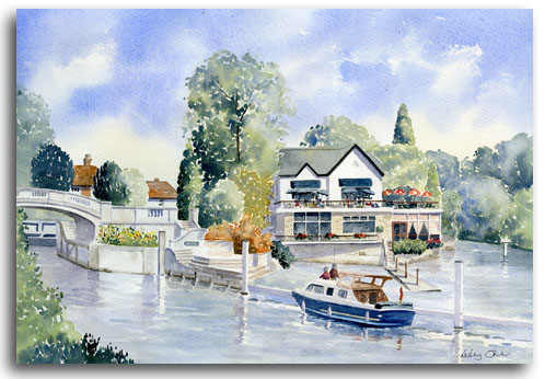 Original watercolour of Boulters Hotel, Maidenhead, by artist Lesley Olver