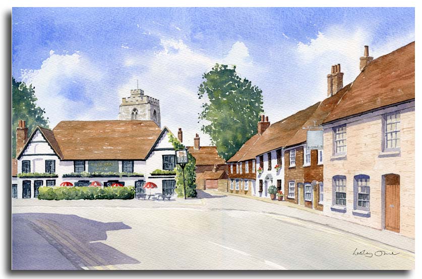 Original watercolour painting of Bray village by artist Lesley Olver
