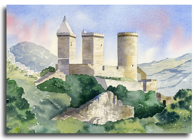 Aquarelle du chateau de Foix, réalisée par l'artiste Lesley Olver