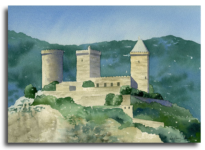 Original watercolour painting of Foix castle by artist Lesley Olver