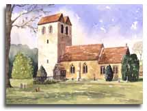 Print of watercolour painting of Fingest Church by artist Lesley Olver