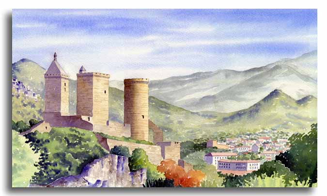 Original watercolour painting of Foix Castle, by artist Lesley Olver