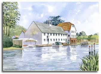 Print of watercolour painting of Hambleden Mill by artist Lesley Olver