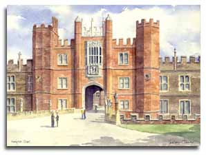 Reproduction d'une aquarelle de Hampton Court, réalisée par l'artiste Lesley Olver