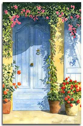 Reproduction d'une aquarelle de 'une porte bleue claire, réalisée par l'artiste Lesley Olver