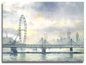 Print of watercolour painting of The London Eye, by artist Lesley Olver