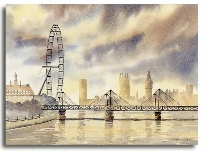 Original watercolour painting of the London Eye by artist Lesley Olver