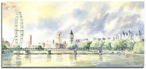 Limited Edition print of a watercolour painting of The London Eye and Westminster, by artist Lesley Olver