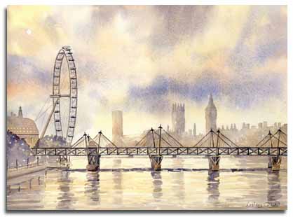 Print of watercolour painting of the London Eye, by artist Lesley Olver