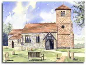 Print of watercolour painting of Mapledurham Church, by artist Lesley Olver