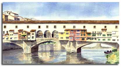 Reproduction d'une aquarelle du Ponte Vecchio, réalisée par l'artiste Lesley Olver