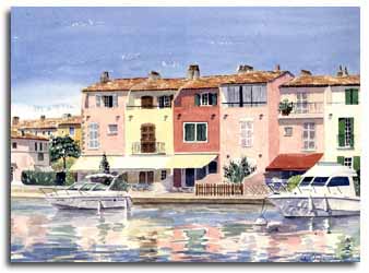 Print of watercolour painting of Port Grimaud, France, by artist Lesley Olver