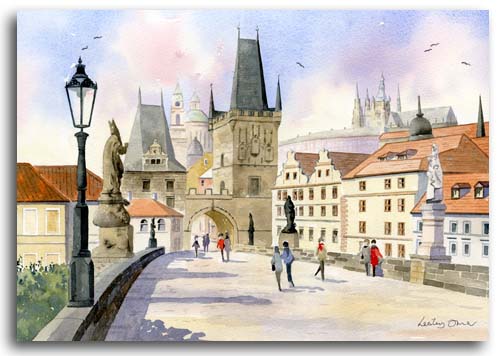 Original watercolour painting of Charles Bridge, Prague, by artist Lesley Olver