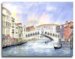 Reproduction d'une aquarelle du pont du Rialto,  Venise, réalisée par l'artiste Lesley Olver