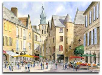 Print of watercolour painting of Sarlat, France,  by artist Lesley Olver