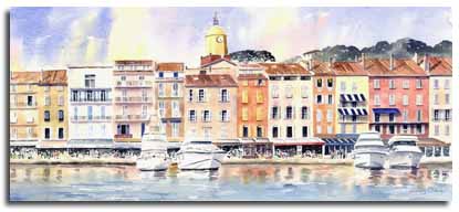Reproduction d'une aquarelle de St. Tropez, réalisée par l'artiste Lesley Olver
