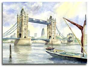 Original watercolour painting of Tower Bridge and the Gerkin, by artist Lesley Olver