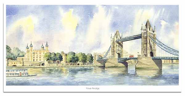 Limited Edition print of watercolour painting of Tower Bridge and the Tower of London, by artist Lesley Olver