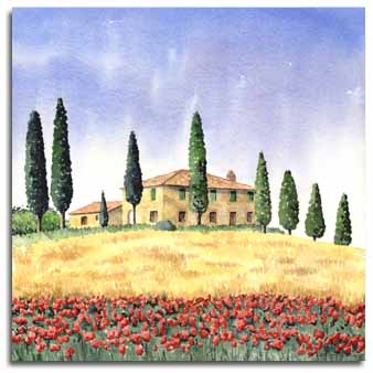 Reproduction d'une aquarelle du paysage toscane, réalisée par l'artiste Lesley Olver