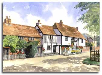 Print of watercolour painting of Waltham St. Lawrence, by artist Lesley Olver