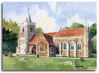 Print of watercolour painting of Warfield Church, by artist Leley Olver