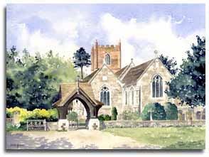 Print of watercolour painting of Wargrave Church, by artist Lesley Olver