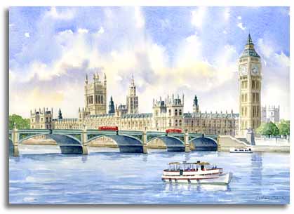 Aquarelle de Westminster, Londres, réalisée par l'artiste Lesley Olver